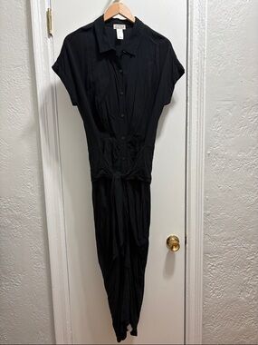 LSPACE Black Maxi Button-Front Shirt Dress with Waist Tie